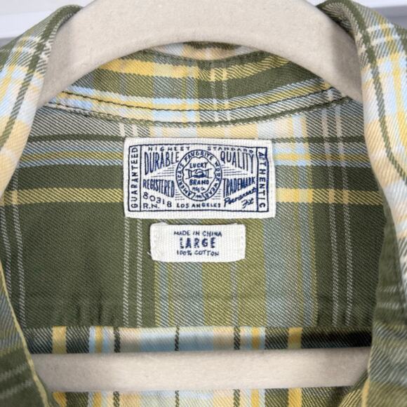 Lucky Brand Dungarees Mens Size L Heavy Cotton Green Plaid Button Up Shirt #3595 - Picture 3 of 7
